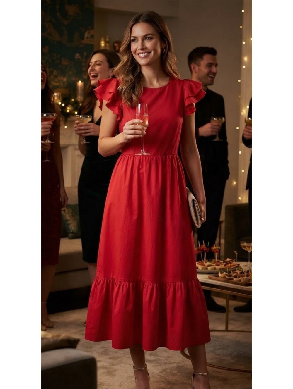 Shein Flutter Sleeve Midi Dress Red Size L